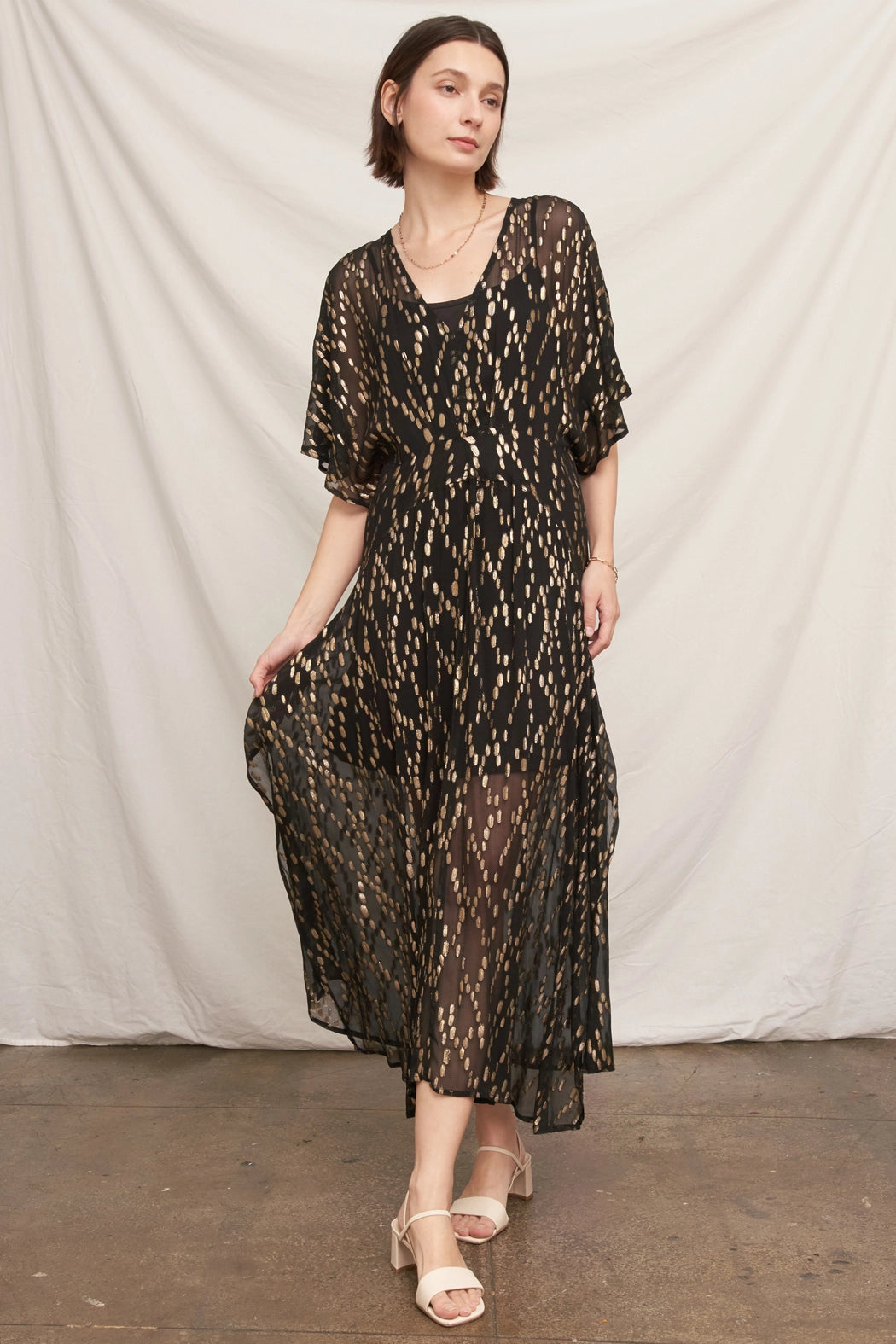 Gold Sequin Kimono Sleeve Maxi Dress