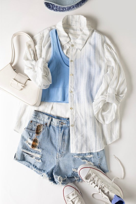 Roll Up Half Sleeve Stripe Shirt Top