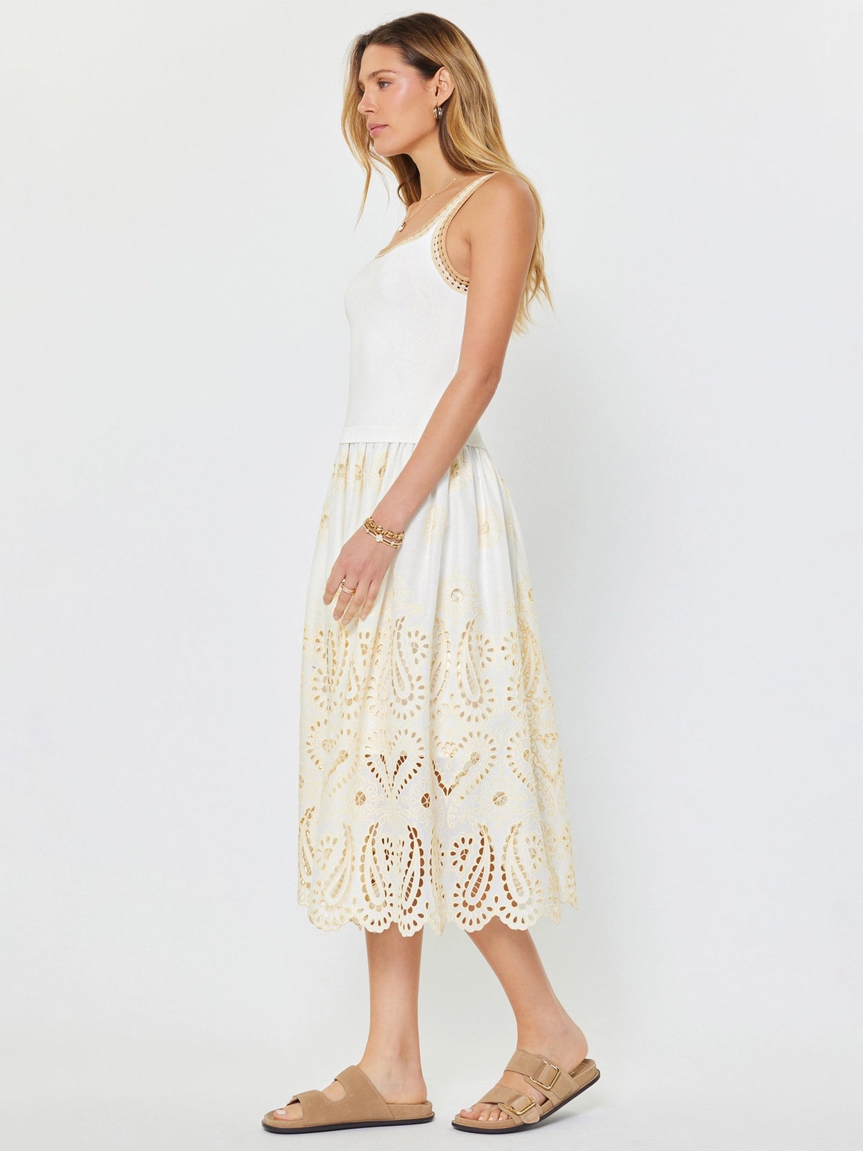 Eyelet Skirt Sleeveless Sweater Combo Midi Dress