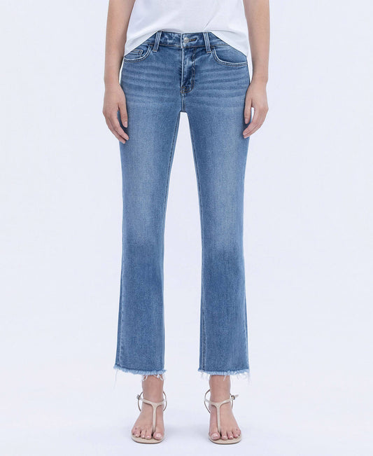 MID RISE MEDIUM WASH RAW HEM CROP STRAIGHT JEANS