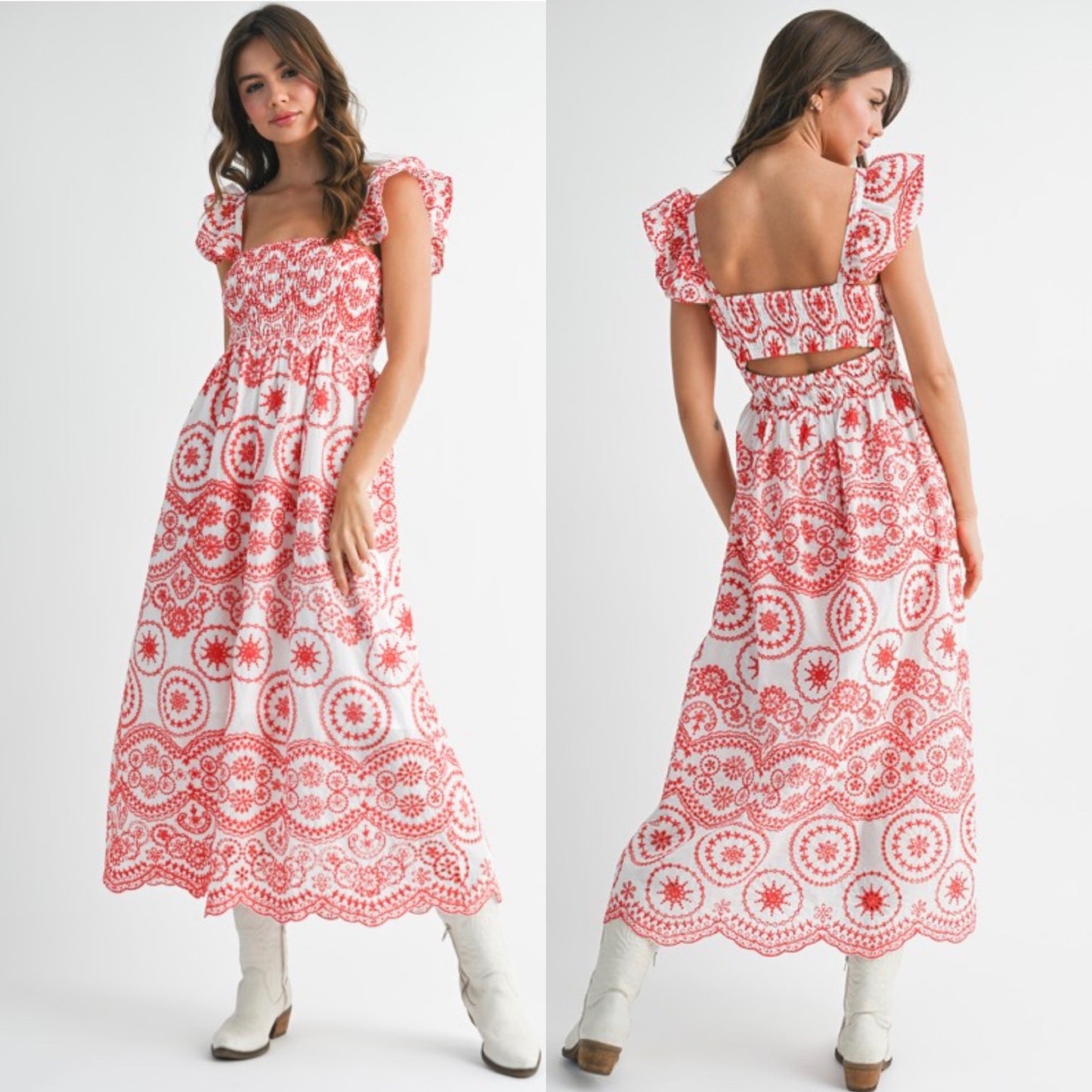 Embroidered cut out midi dress