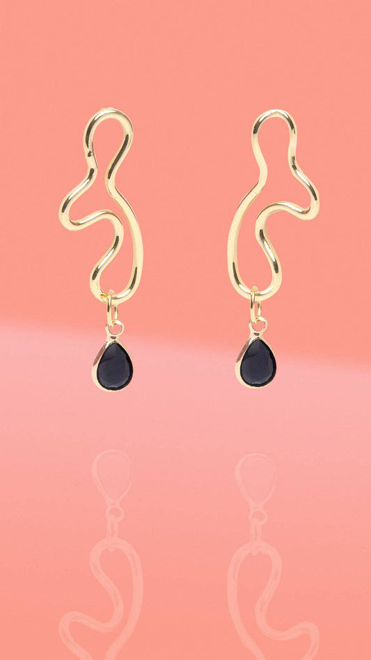 Abstract Wiggle Gold Plated Hoop Black Glass Charm