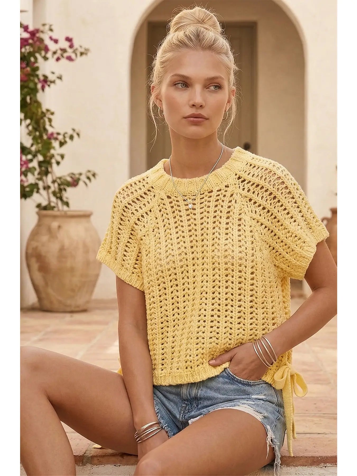 Chunky Knit Crochet Sweater Top with Side Ties