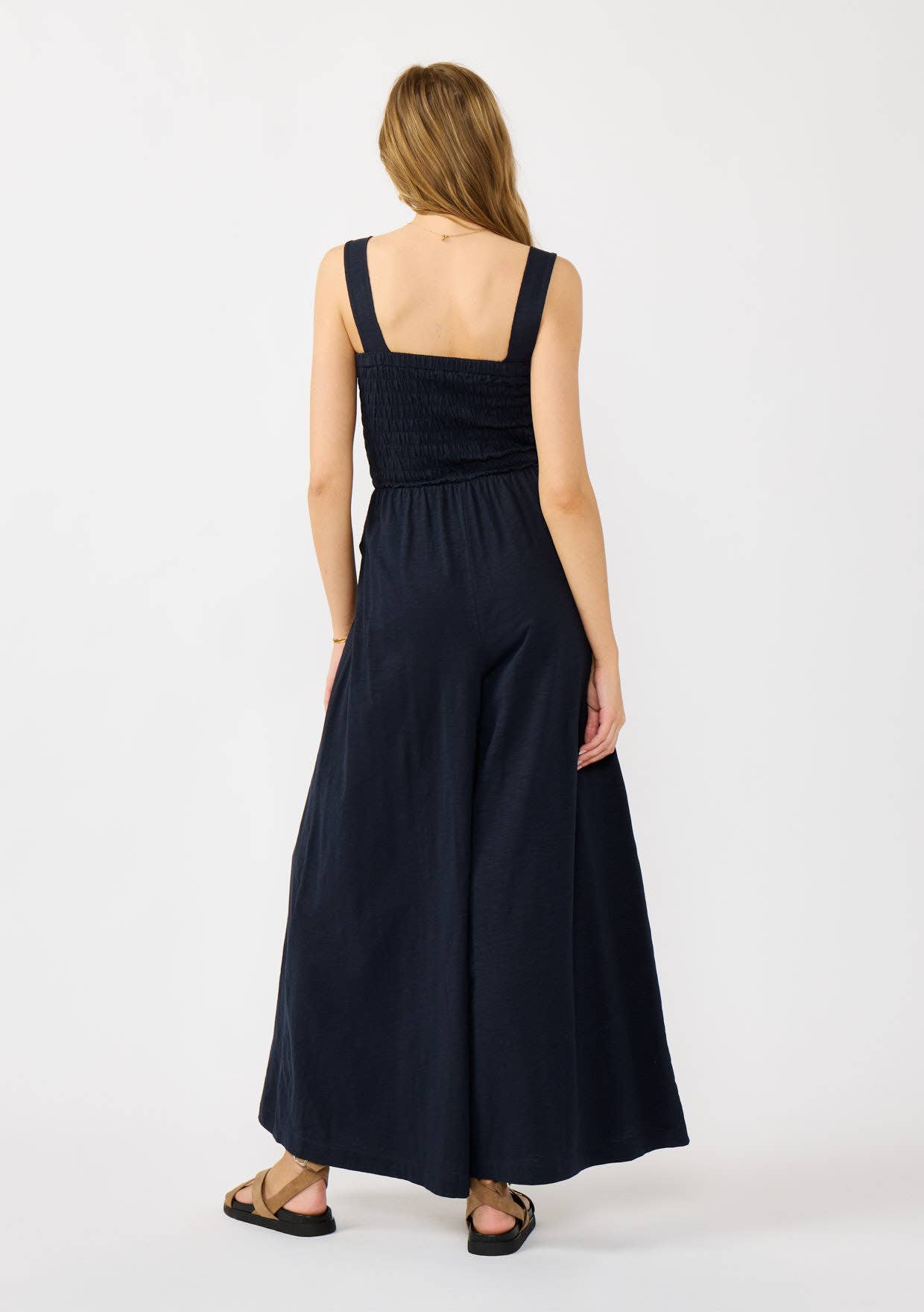 Leg Smocked Bodice Sleeveless Jumpsuit