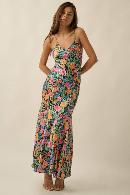 Floral-Print Satin Scoop-Neck Fitted Maxi Slip Dress
