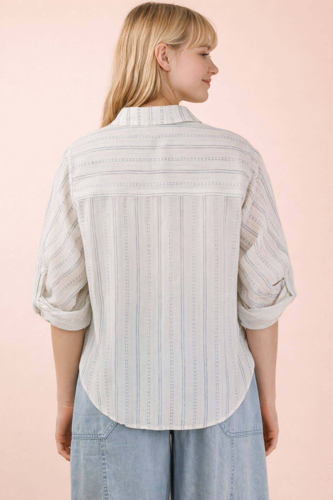 Roll up Half Sleeve Stripe Shirt Top