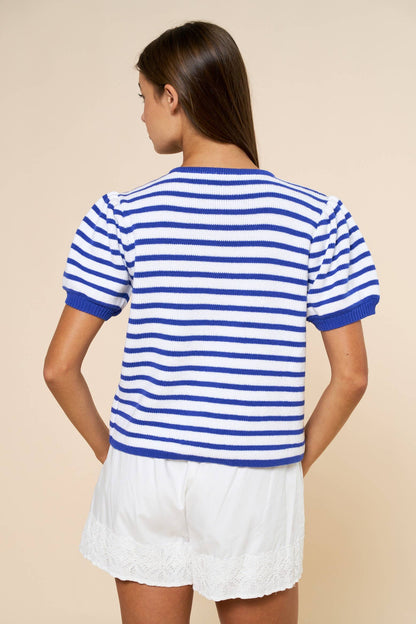 Stripe Button Down Puff Sleeve Knit Top