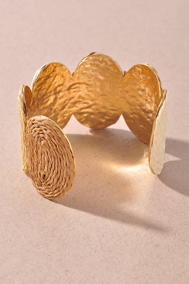 WOVEN RAFFIA DISC METAL CUFF BRACELET
