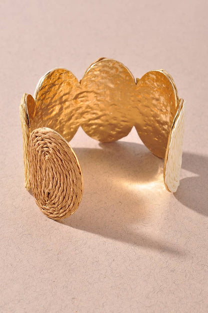 WOVEN RAFFIA DISC METAL CUFF BRACELET