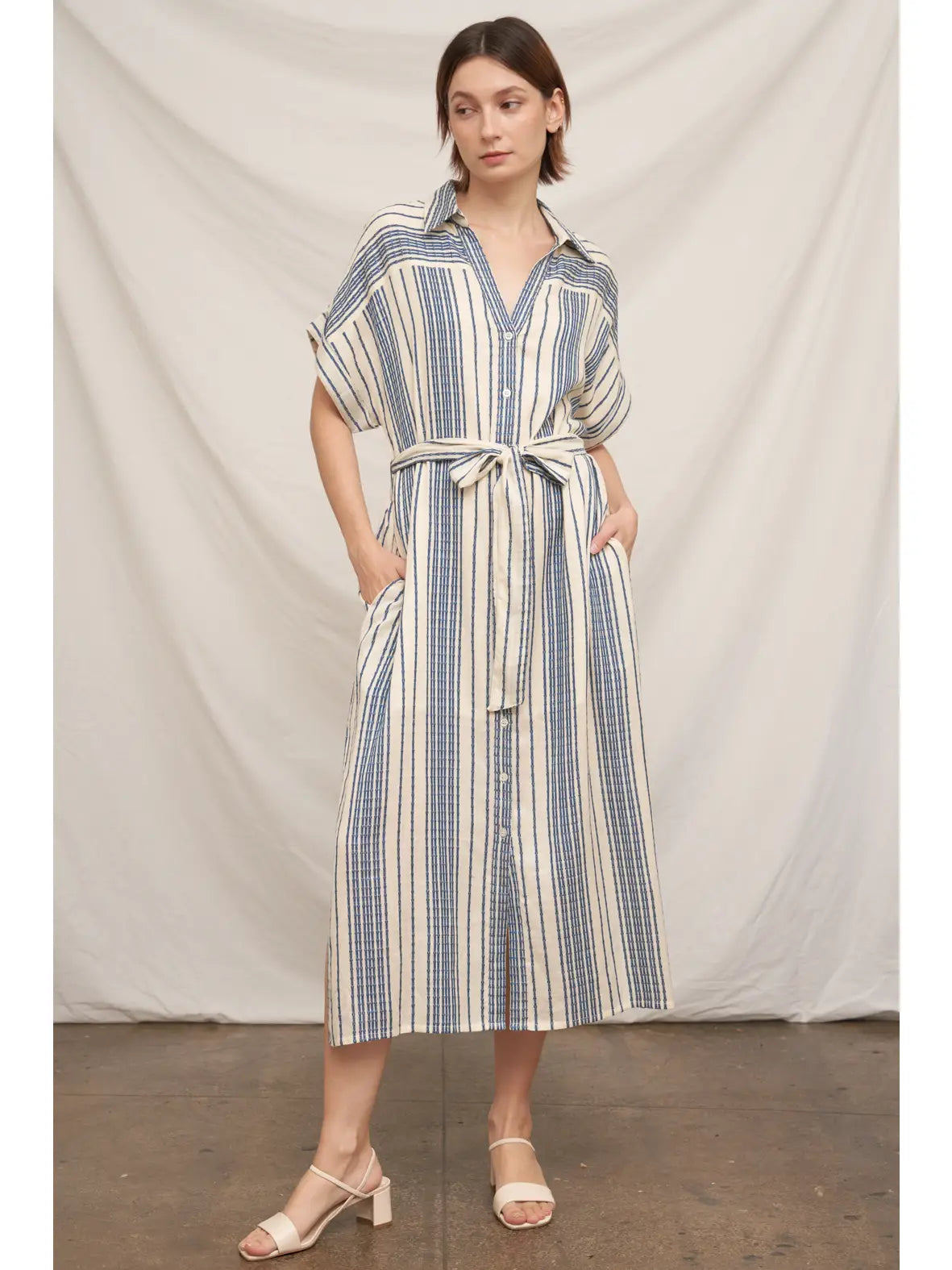 Striped Belted Shirt Midi Dress