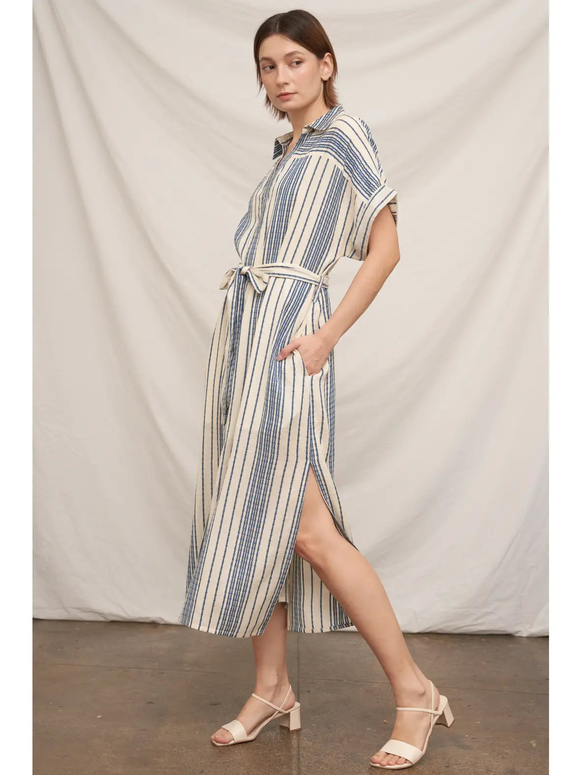 Striped Belted Shirt Midi Dress