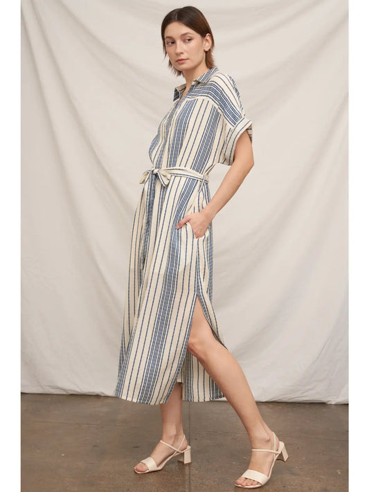 Striped Belted Shirt Midi Dress