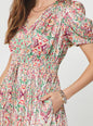 Printed Pleated V-neck Short Sleeve Midi Dress