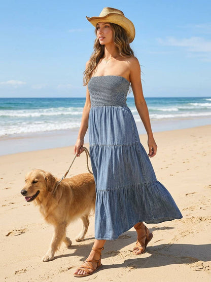 Tube Top Flowy Pocket Chambray Denim Midi Dress