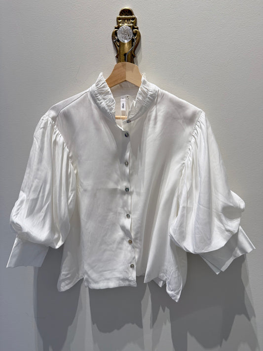 Ruffle Neck Puff Sleeve Button Down Top