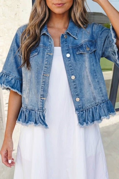 Western Ruffle Hem Half Sleeve Denim Jacket