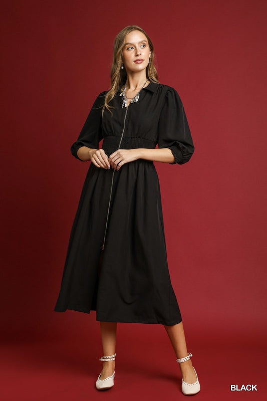 Classy in Black Zip Up Midi Dress