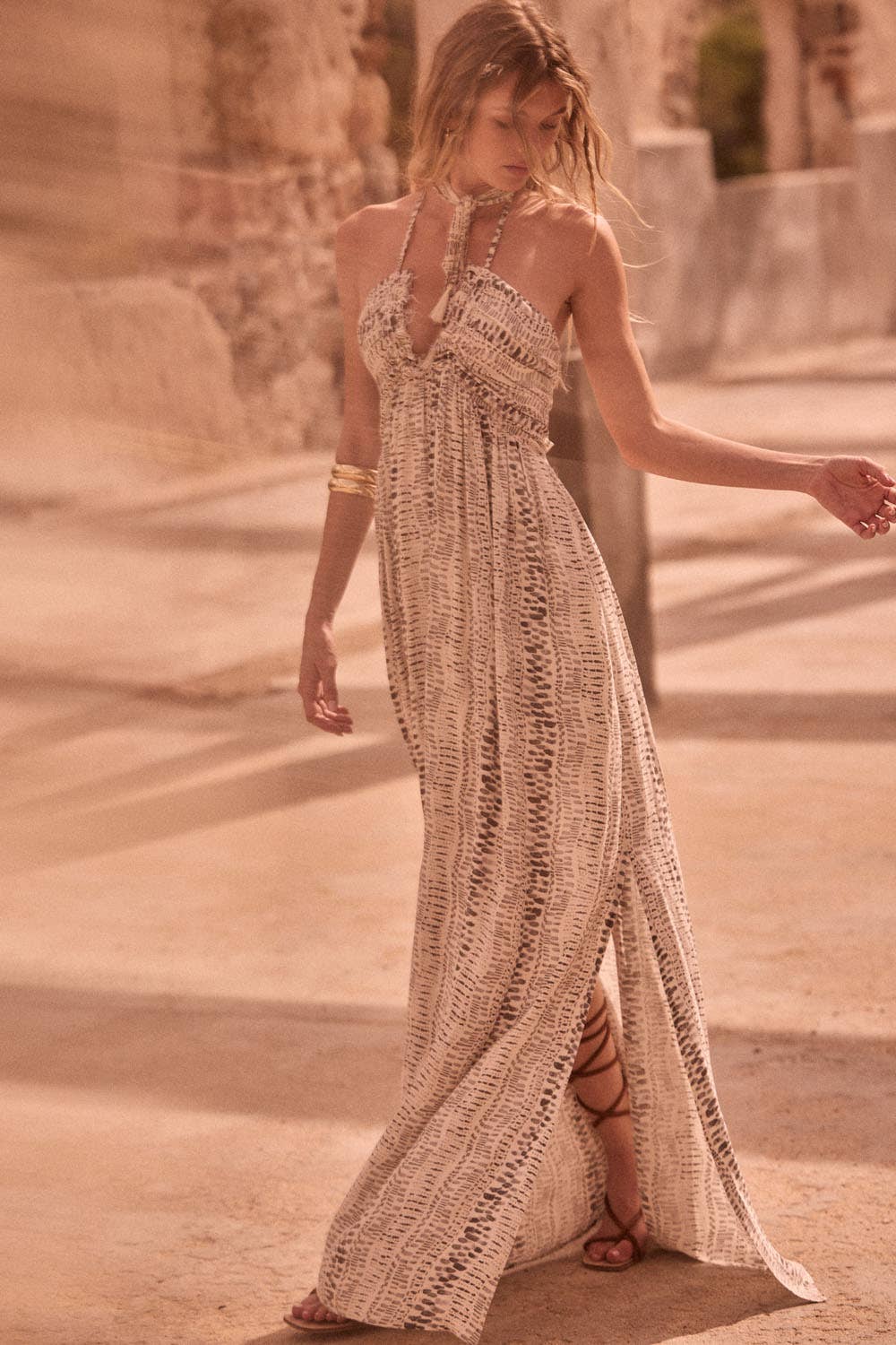 Abstract-Print Crepe High-Waist Tie-Back Halter Maxi Dress