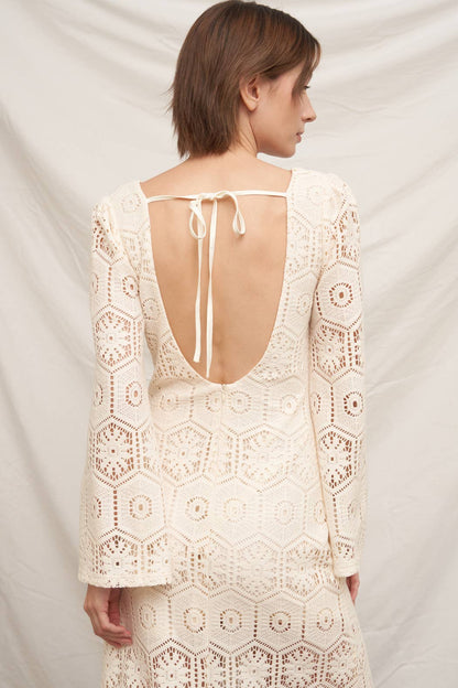 Long Sleeve Open-Back Crochet Maxi Dress