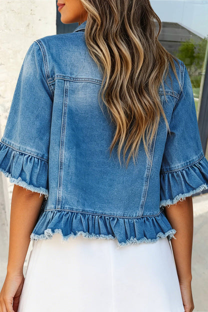 Western Ruffle Hem Half Sleeve Denim Jacket