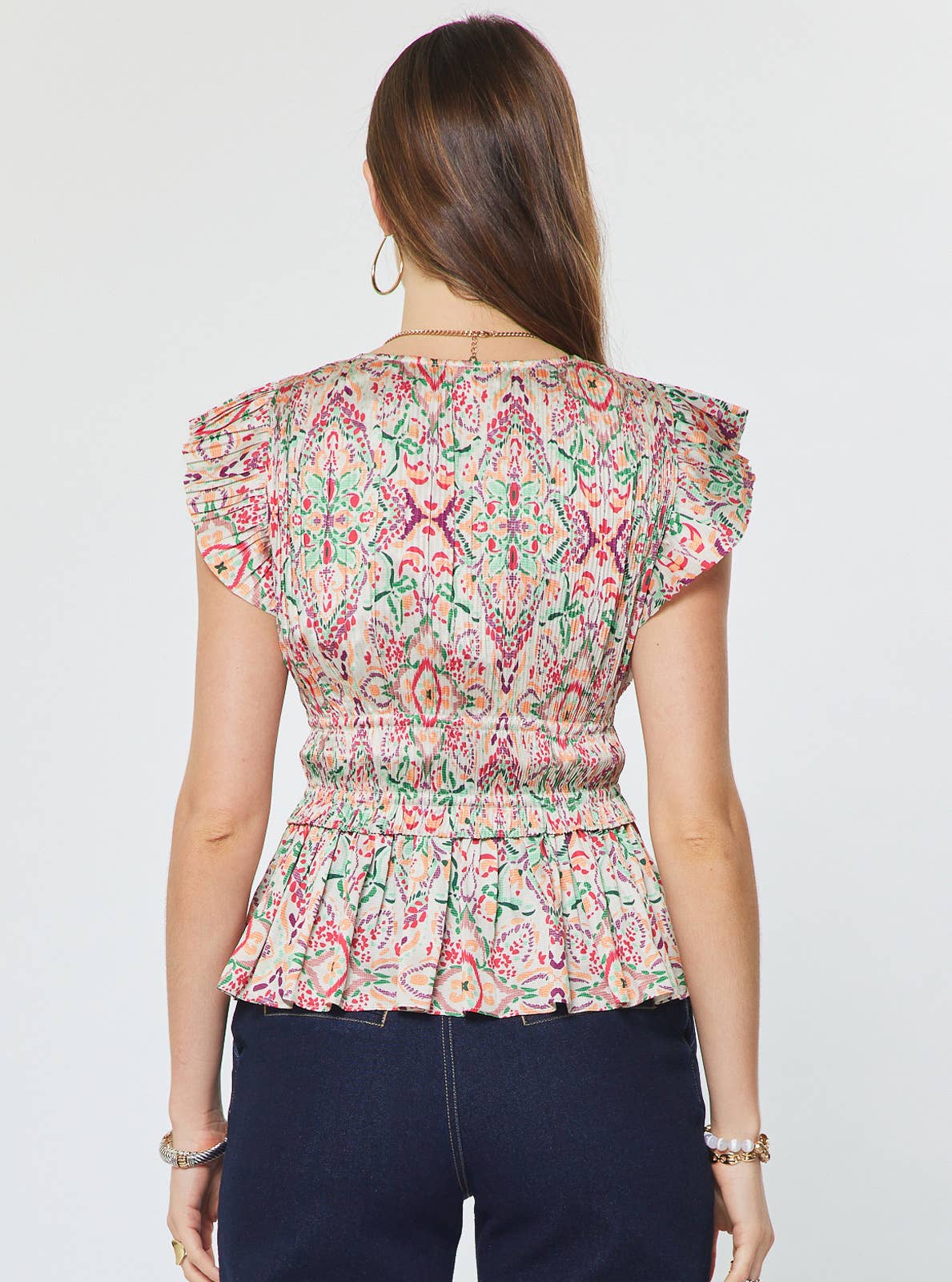 Printed Pleated Peplum V-neck Blouse