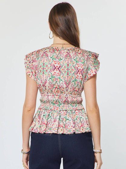 Printed Pleated Peplum V-neck Blouse