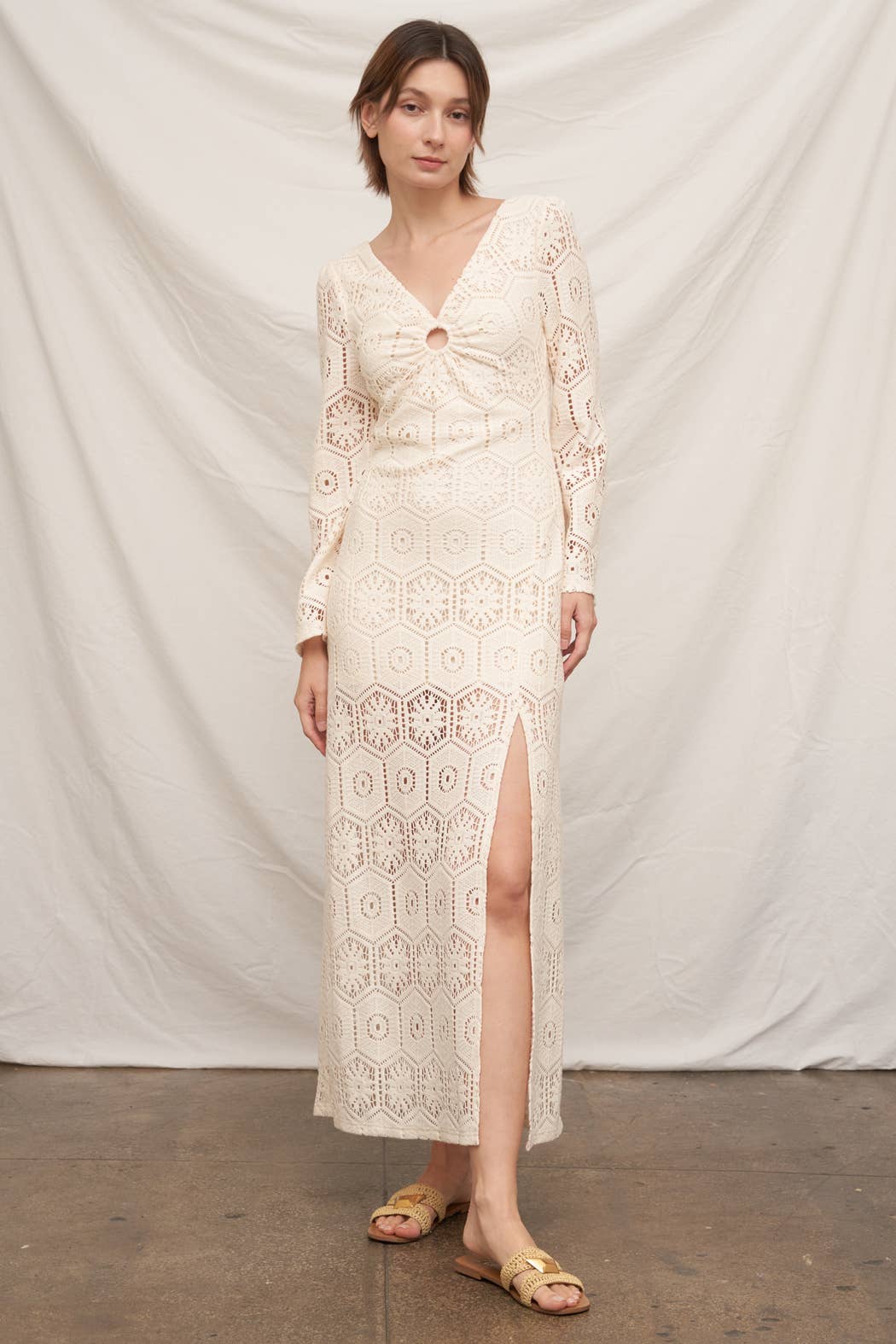 Long Sleeve Open-Back Crochet Maxi Dress