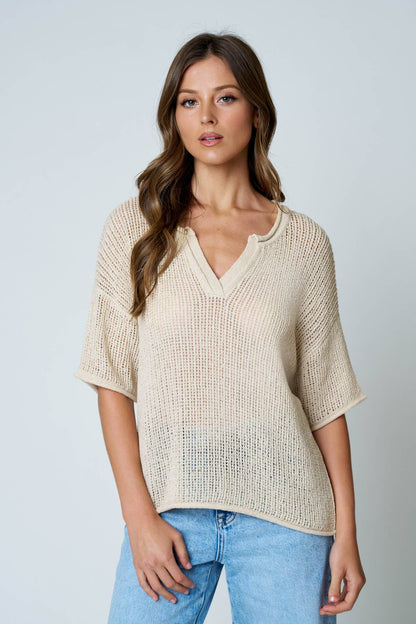 V NECK S/S CROCHET KNIT TOP