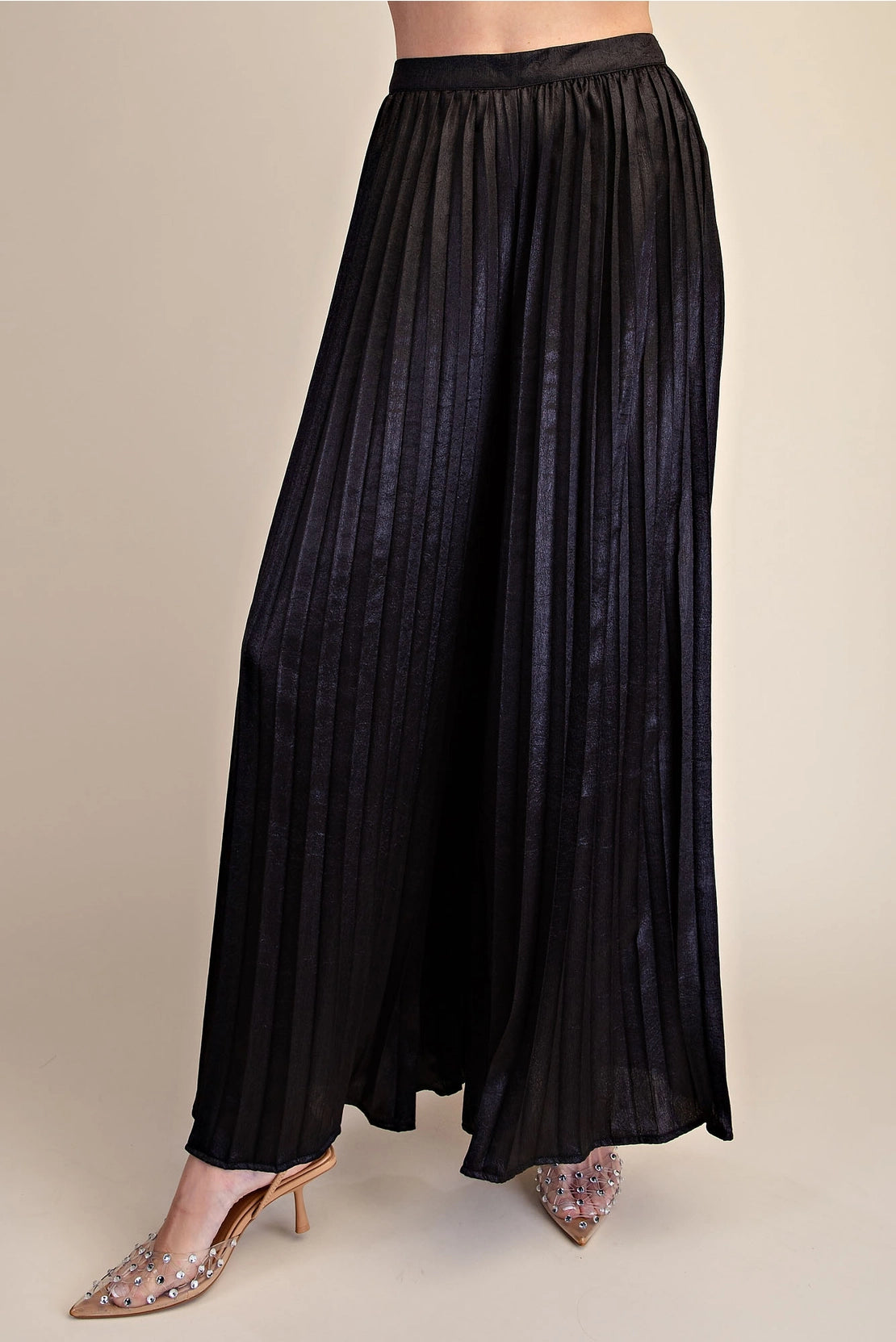 Pleated Wide-Leg Flare Metallic Pants