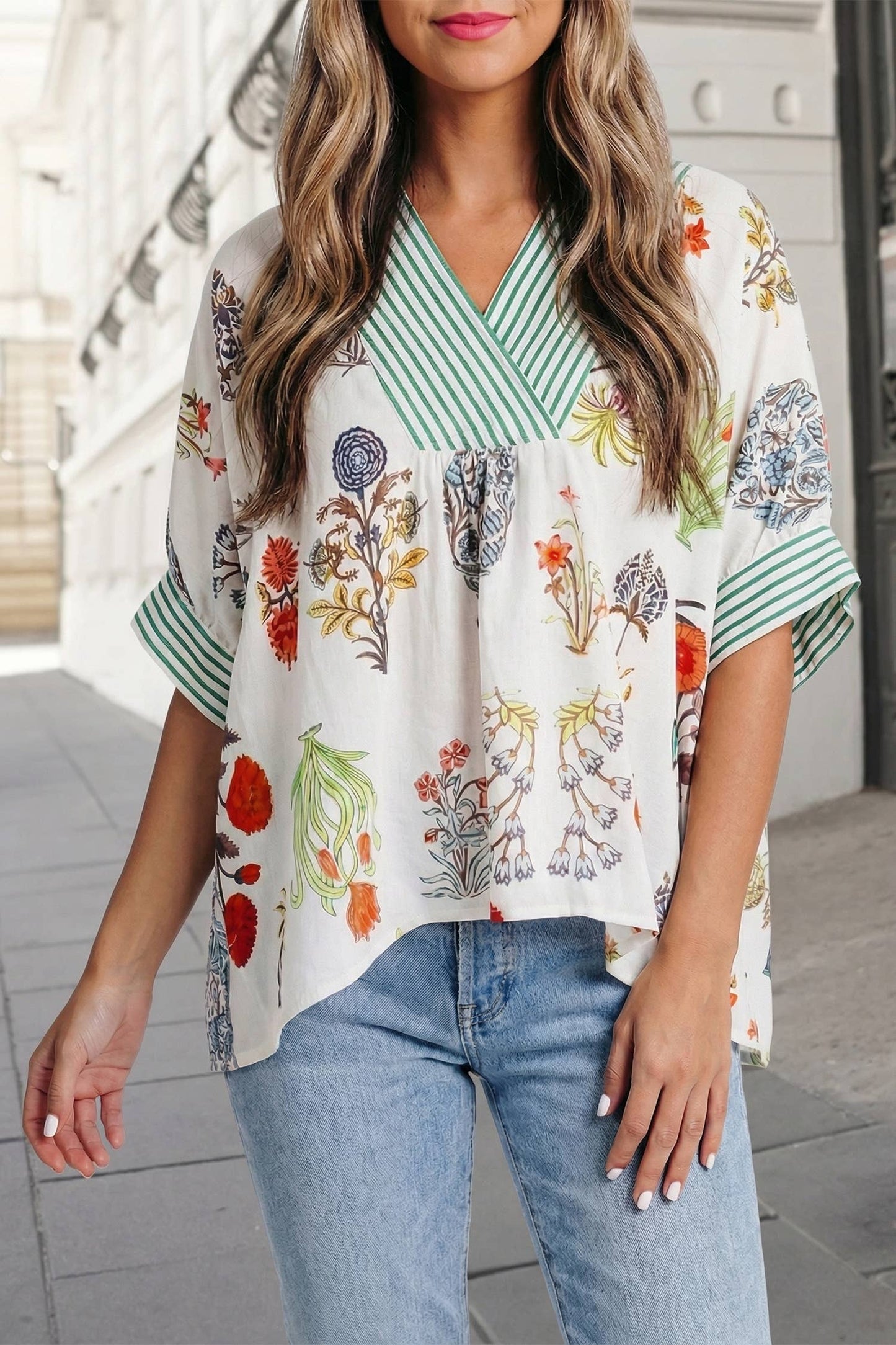 Floral V-Neck Striped Half Sleeve Top