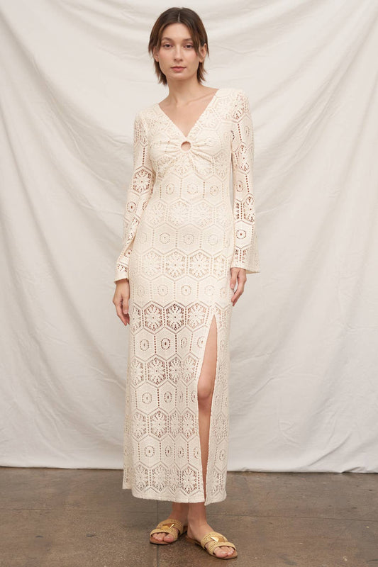 Long Sleeve Open-Back Crochet Maxi Dress