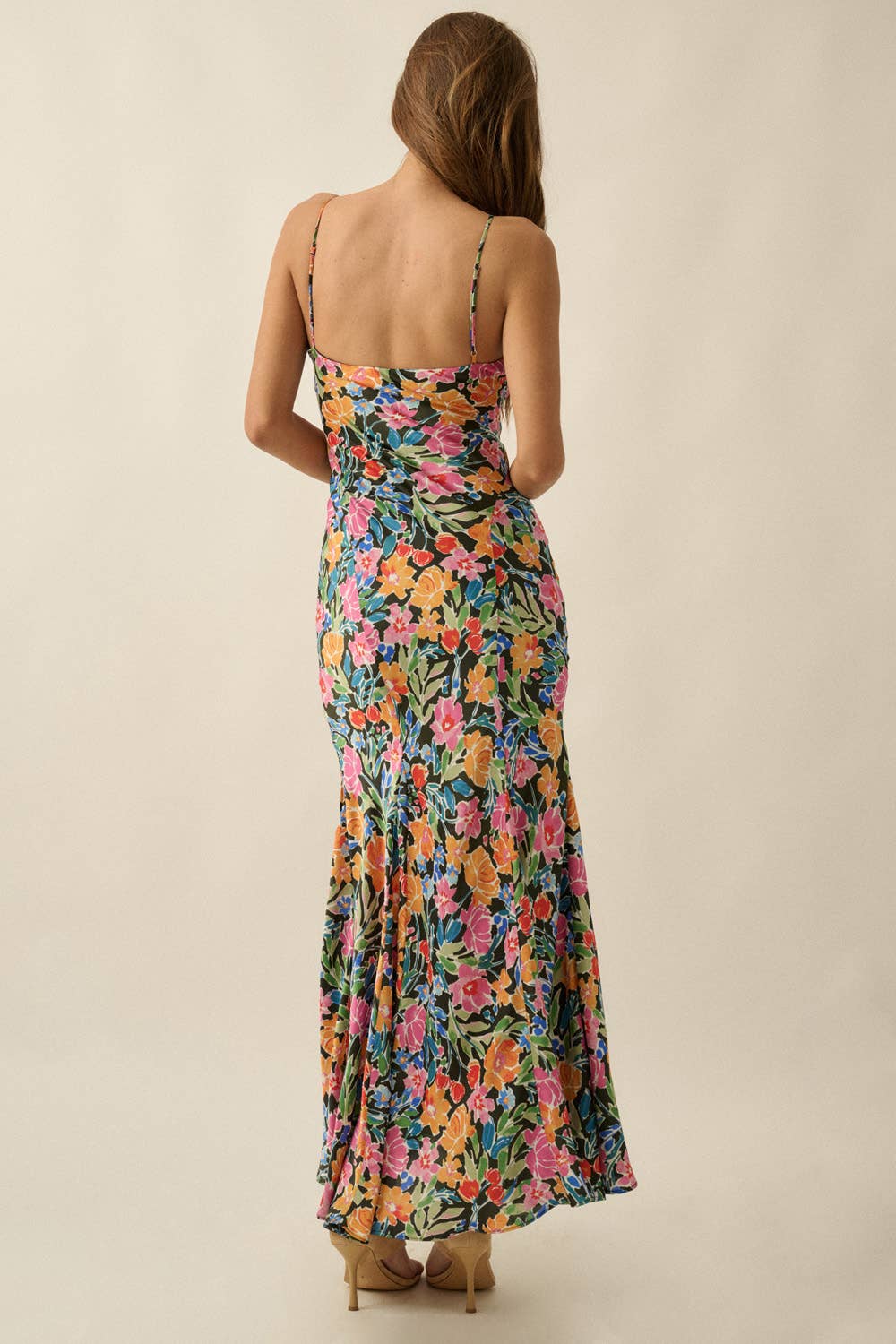 Floral-Print Satin Scoop-Neck Fitted Maxi Slip Dress
