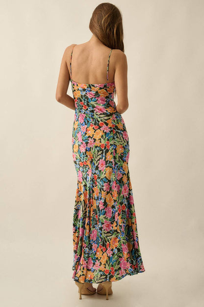 Floral-Print Satin Scoop-Neck Fitted Maxi Slip Dress