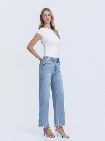 MID RISE FRAYED HEM ANKLE WIDE LEG