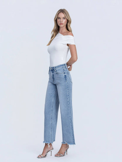 MID RISE FRAYED HEM ANKLE WIDE LEG