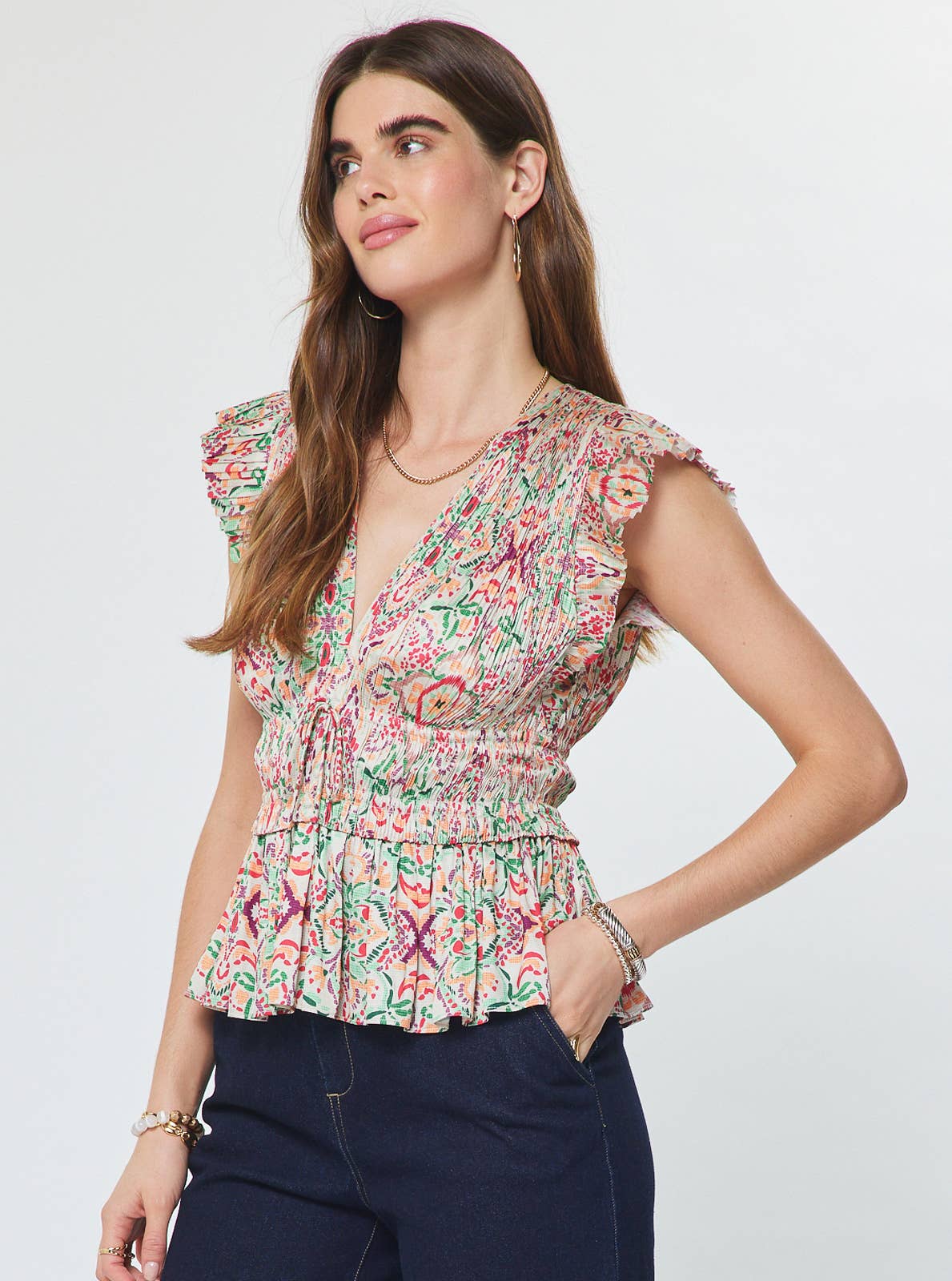 Printed Pleated Peplum V-neck Blouse