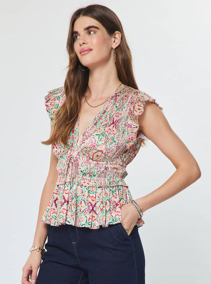 Printed Pleated Peplum V-neck Blouse