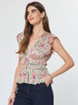 Printed Pleated Peplum V-neck Blouse