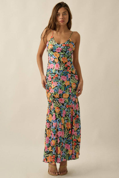 Floral-Print Satin Scoop-Neck Fitted Maxi Slip Dress