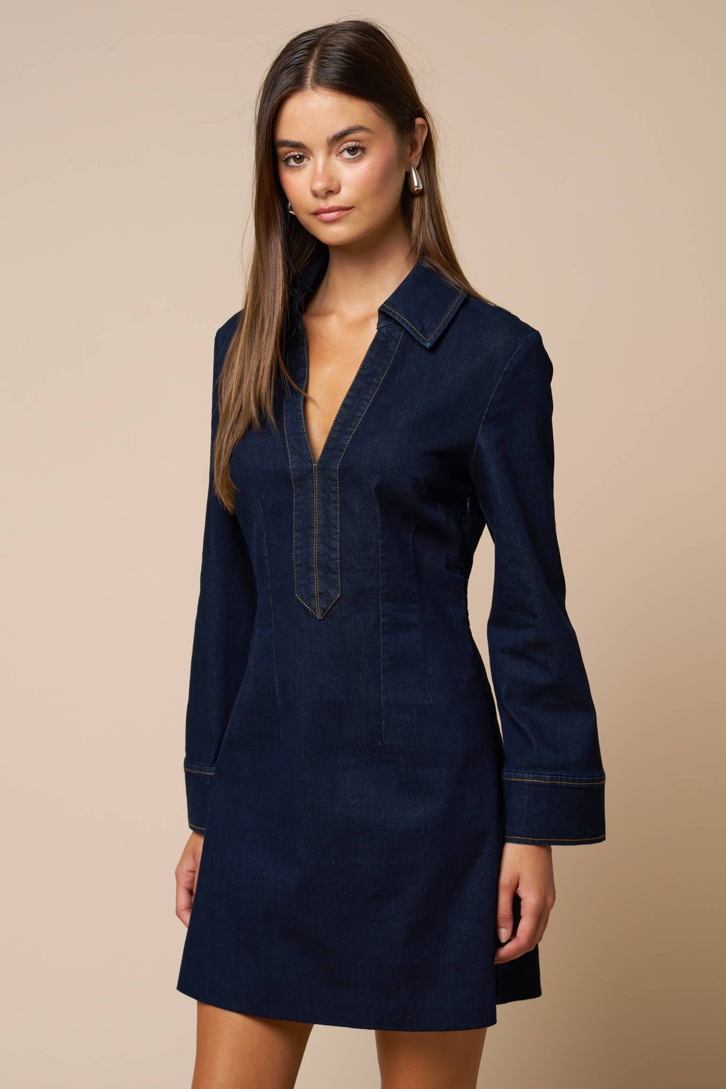 Collared Deep V-Neck Mini Dress