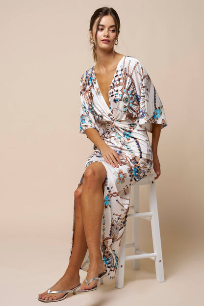 Printed Front Twist Plunging Maxi Dress