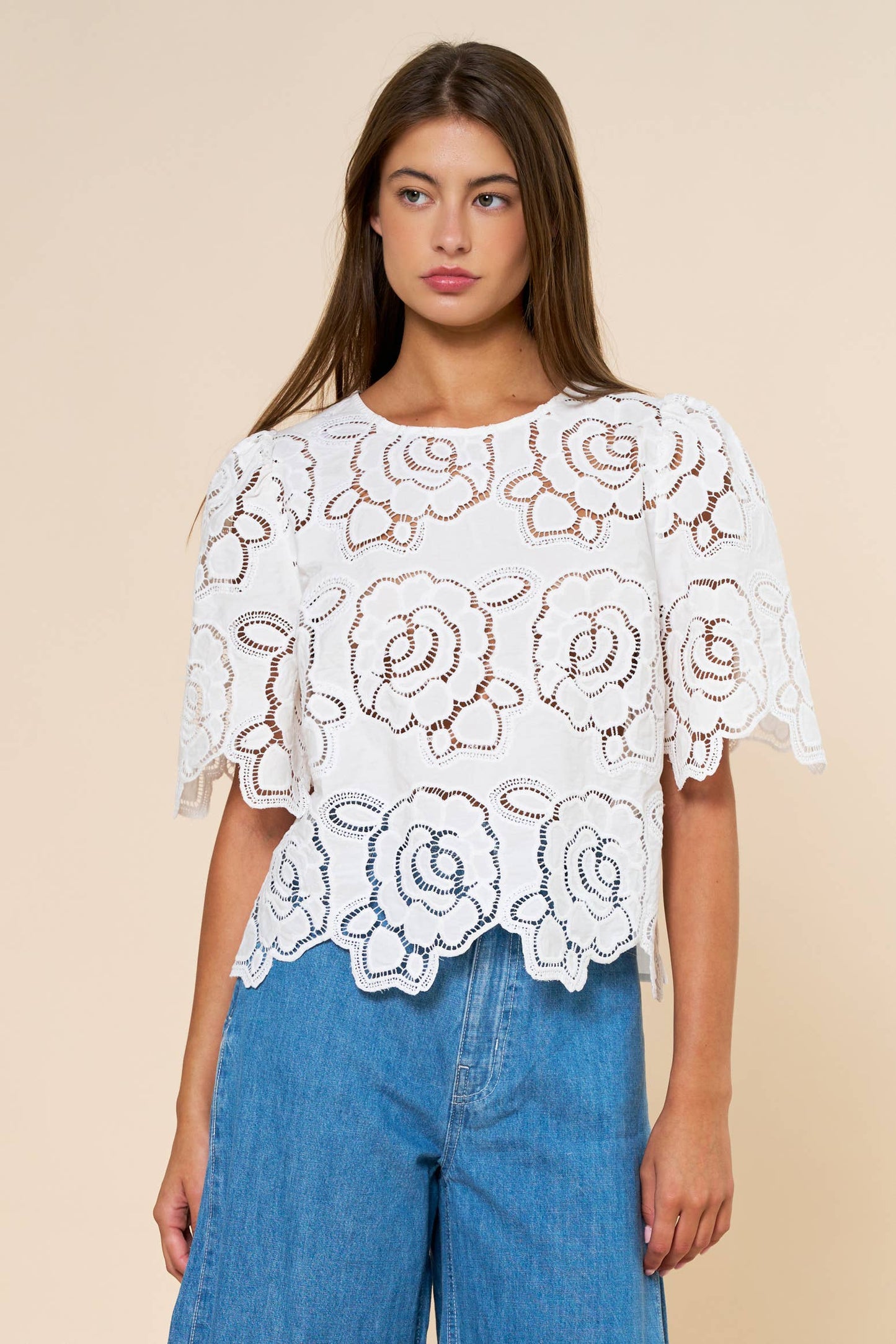 Floral Eyelet Short Bell Sleeve Top