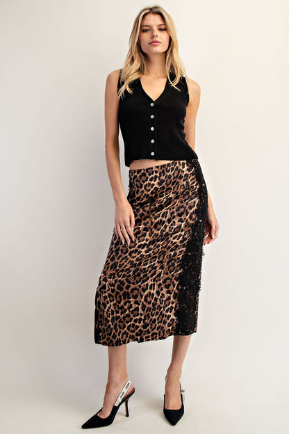 Leopard Lace Trim Midii Skirt