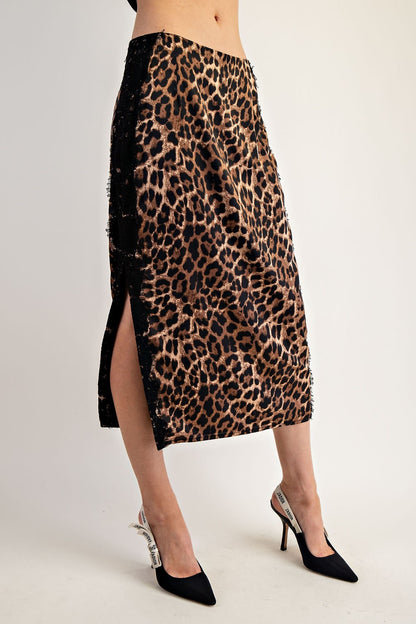 Leopard Lace Trim Midii Skirt