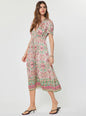 Printed Pleated V-neck Short Sleeve Midi Dress