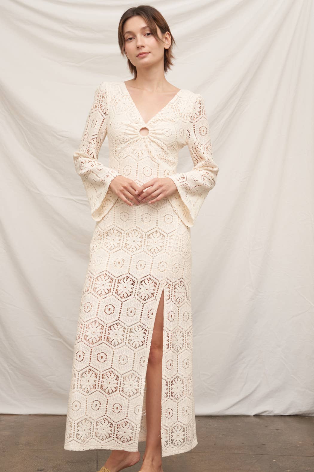Long Sleeve Open-Back Crochet Maxi Dress