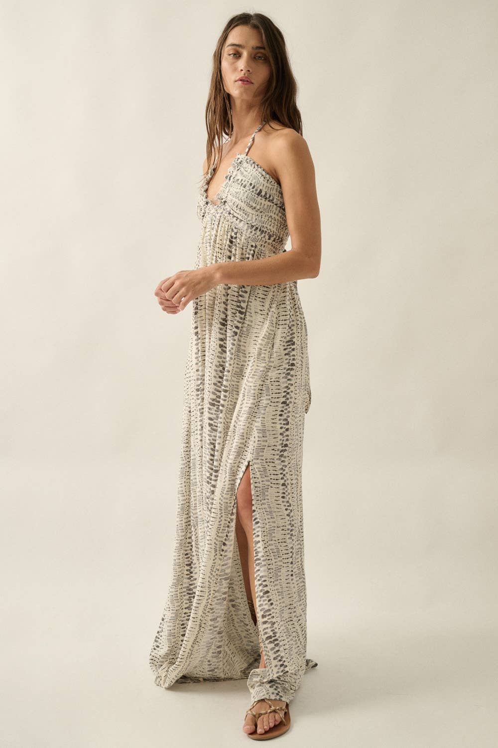 Abstract-Print Crepe High-Waist Tie-Back Halter Maxi Dress