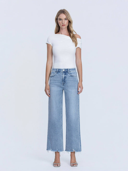 MID RISE FRAYED HEM ANKLE WIDE LEG