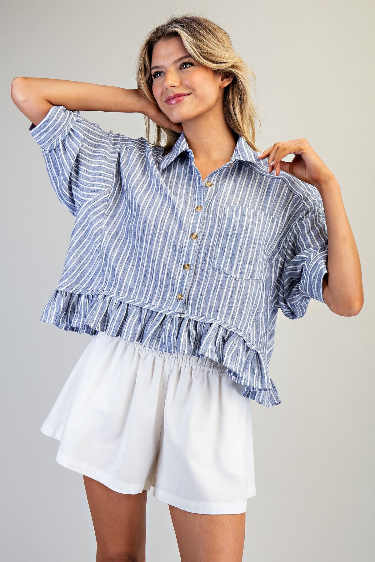 Striped Button Down Ruffled Hem Shirt