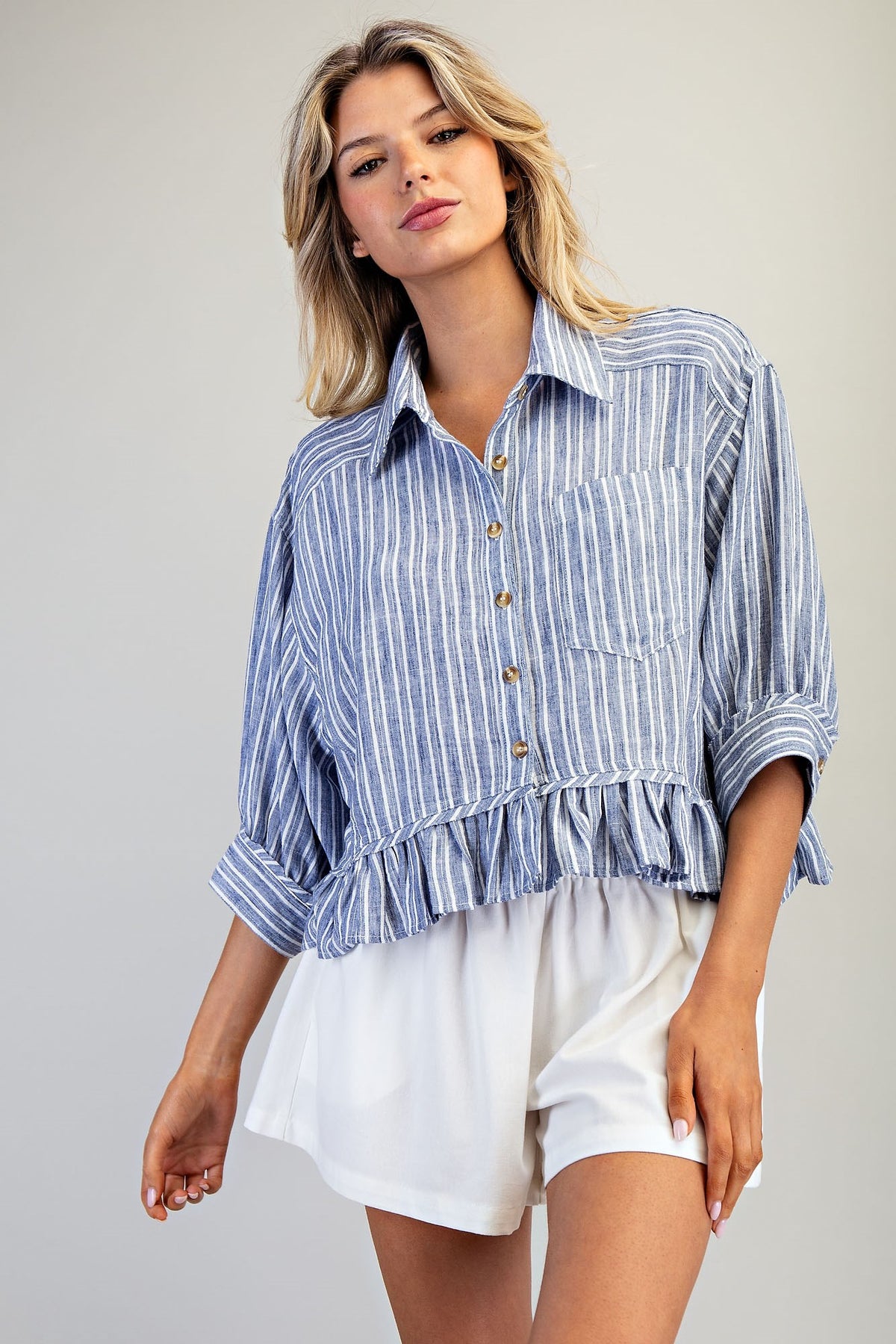 Striped Button Down Ruffled Hem Shirt
